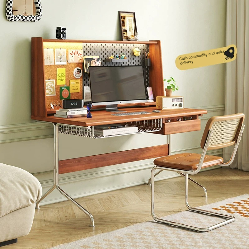 [Pre-order]  Nordic solid wood desk, computer desk integrated Japanese style with bookshelf bookcase, home study table, multifunctional retro desk-Smart-Living