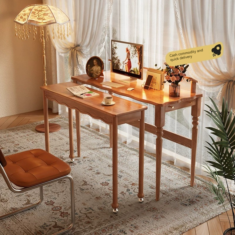 [Pre-order]  Solid wood vintage desk double-layer combination, small study, telescopic desk, dressing table integrated multi-functional, movable-Smart-Living
