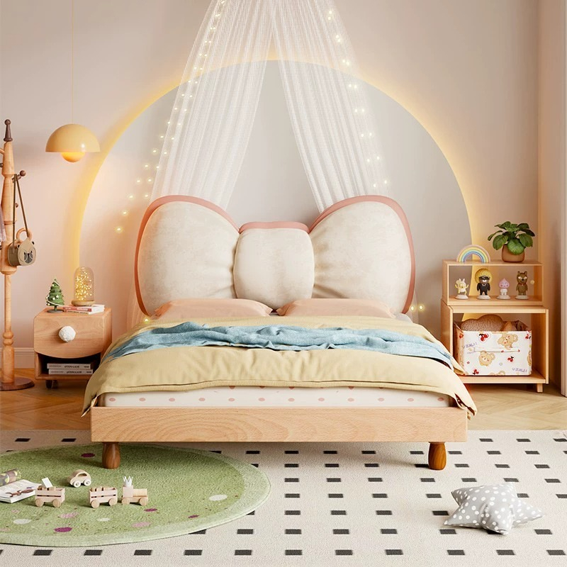 [Pre-order]  Bow kids bed girl princess bed bedroom simple modern kids room solid wood cream style girl single bed-Smart-Living