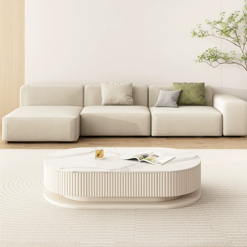 [Pre-order] Cream style coffee table living room household modern simple rock plate white round small apartment coffee table TV cabinet combination-Smart-Living