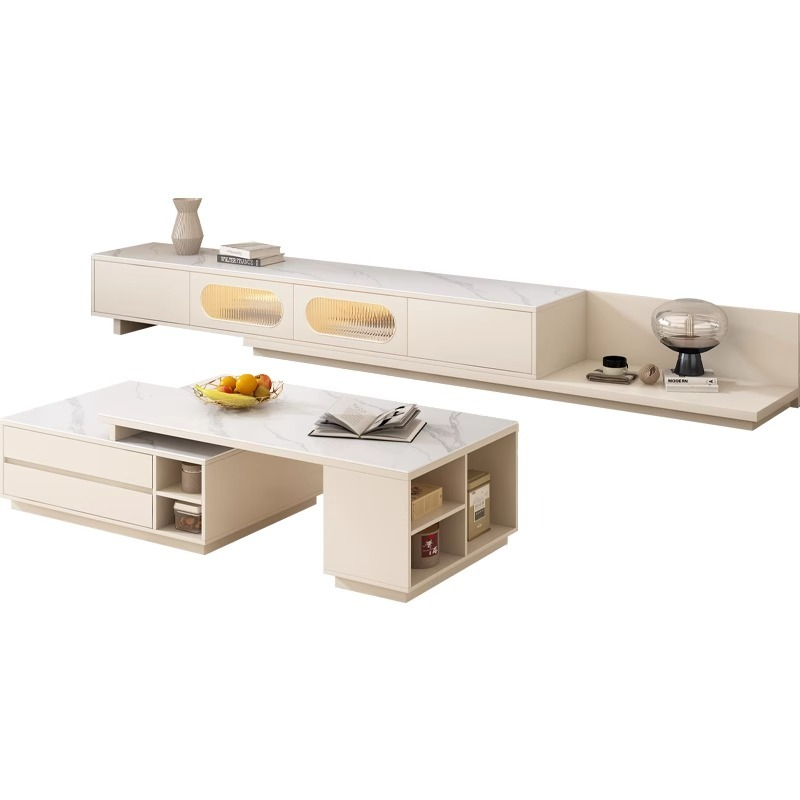 [Pre-order] Oulang 2024 New Solid Wood Rock Slab Retractable TV Cabinet Coffee Table Combination Modern Simple Floor Cabinet White Floor Cabinet-Smart-Living