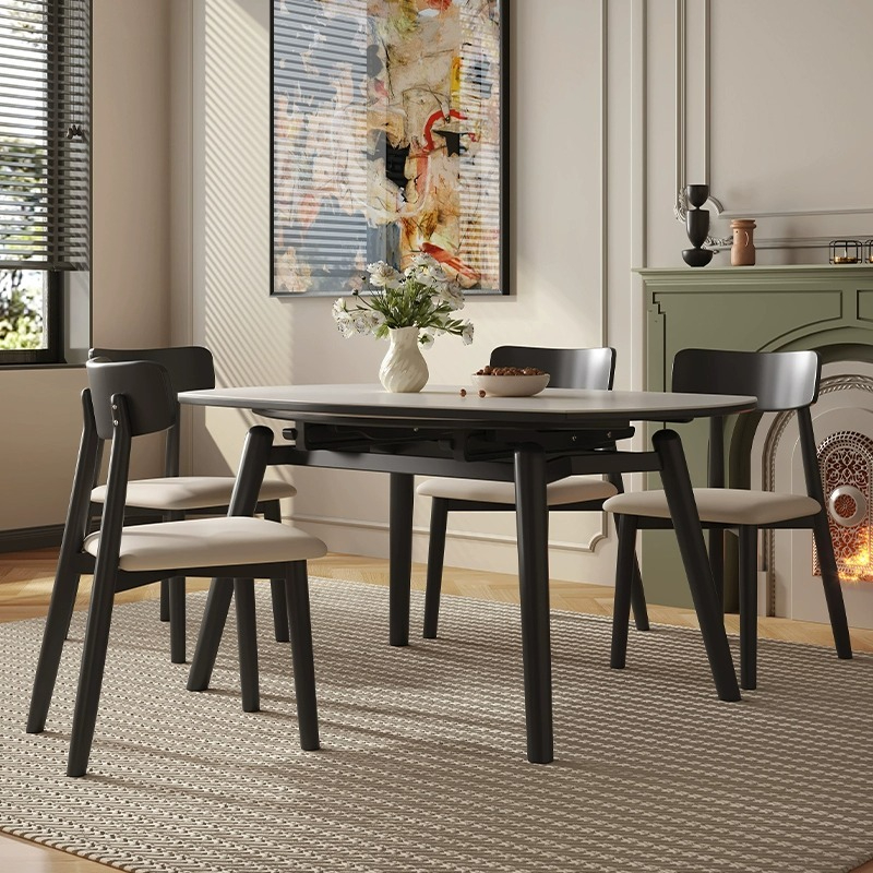 [Pre-order]  Solid wood dining table: modern simple telescopic dining table and chair combination, variable round table, square and round dual-purpose bright stone slate dining table-Smart-Living