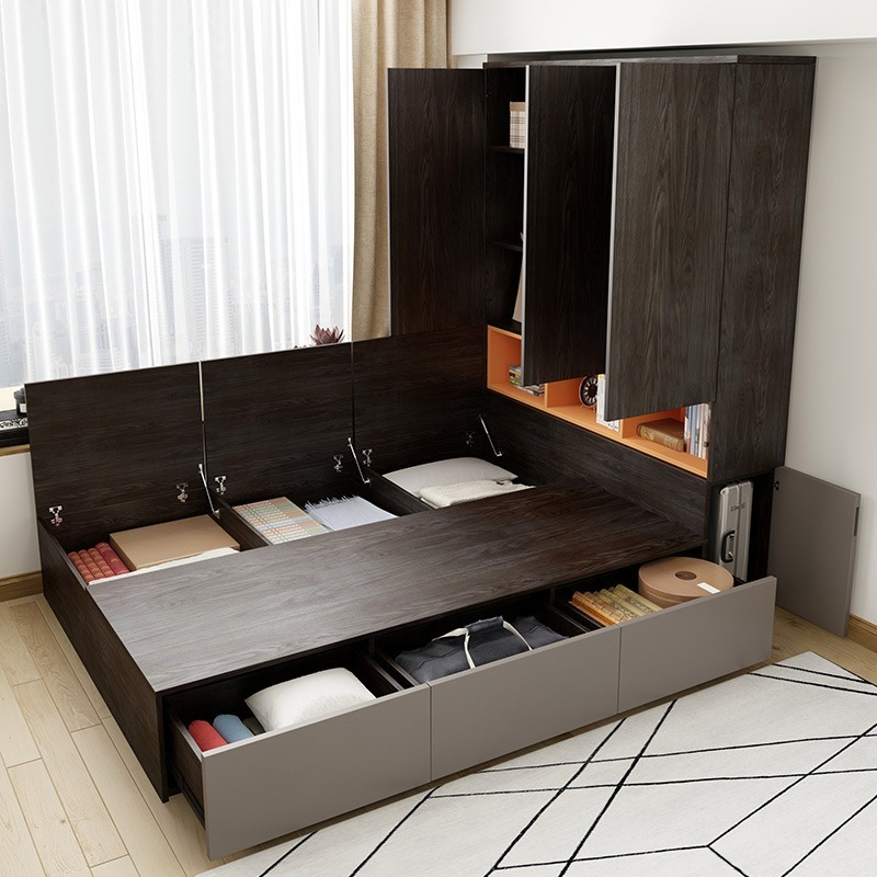 Nordic modern minimalist double bed 1.2m/1.5m tatami bed board style wardrobe bed high box storage bed-Smart-Living