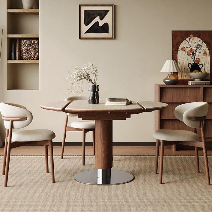 [PRE-ORDER] Solid Oak Bauhaus Travertine Slab Extendable Dining Table, Apartment Dual-Use Folding Table and Chair Set.