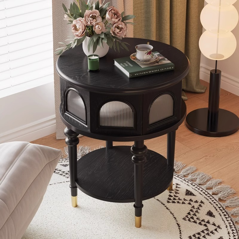 [pre order]French vintage black solid wood glass side table against the wall sofa storage cabinet bedroom modern simple luxury bedside table-Smart-Living