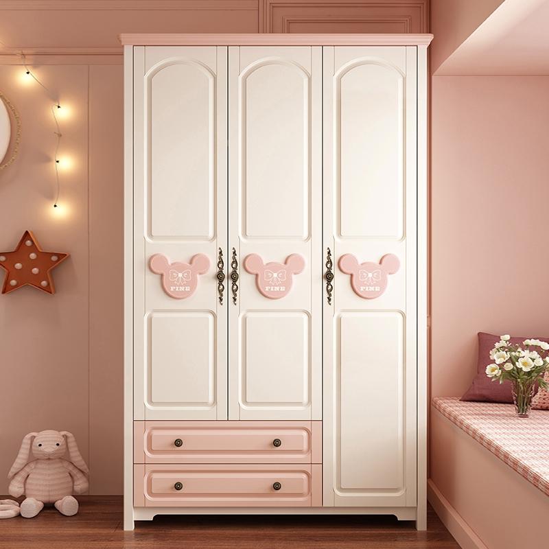 【Showroom】Home bedroom cabinet children's room wardrobe solid wood feet two door three door flat door girl pink children's wardrobe-Smart-Living