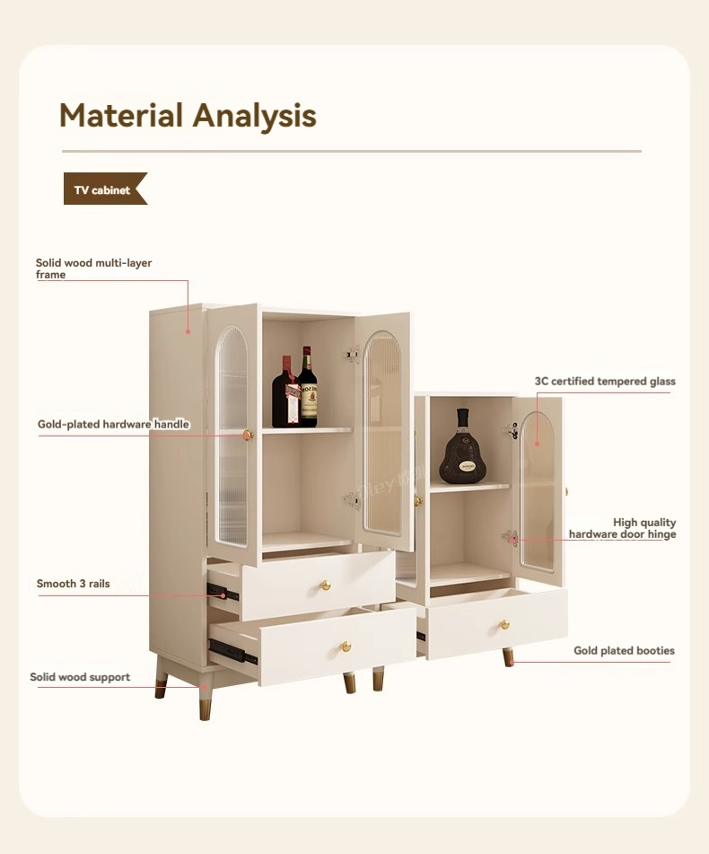 [Pre-order] Oulang Cream style living room, solid wood wine cabinet, display cabinet, integrated against the wall, simple modern glass sideboard, storage cabinet-Smart-Living