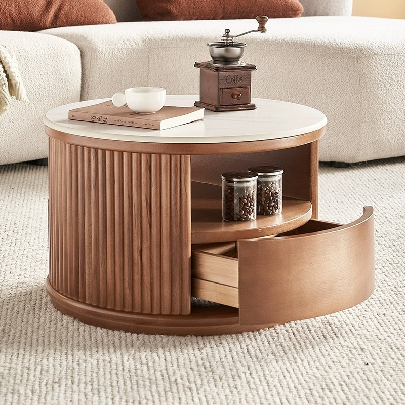 [Pre-order]  Lemas rock slab size round coffee table combination Nordic small apartment living room household telescopic storage round coffee table-Smart-Living