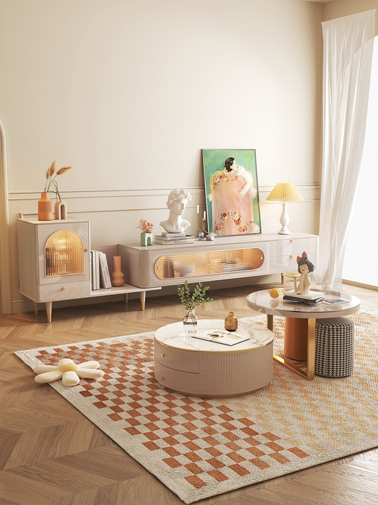 [Pre-order]  French telescopic TV cabinet sideboard modern simple small apartment light luxury storage coffee table combination high-end sense-Smart-Living