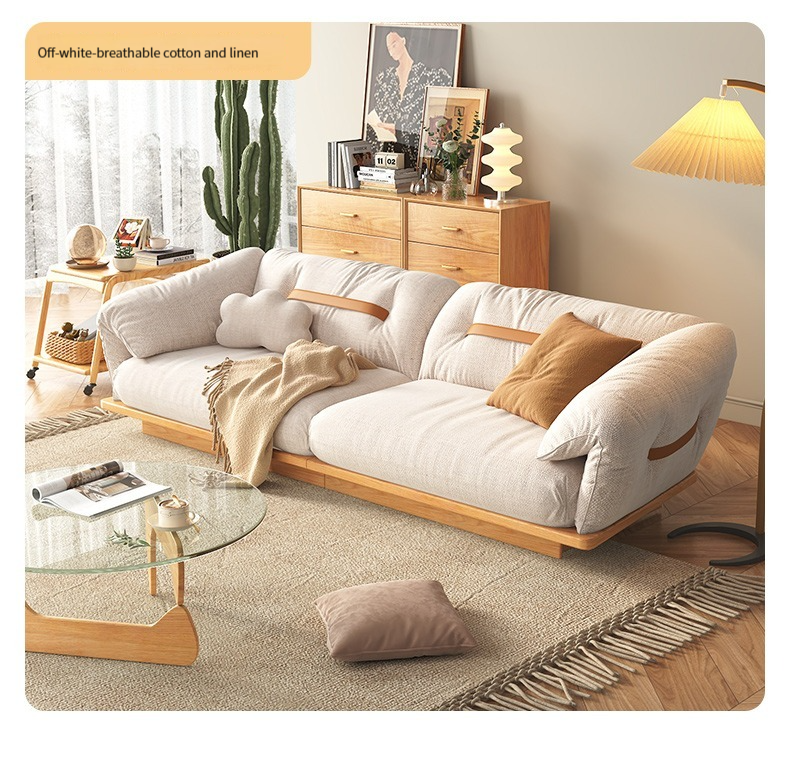 [Pre-order]  Japanese-style solid wood sofa cloud modern minimalist small apartment living room cream log style technology cloth sofa cotton linen-Smart-Living