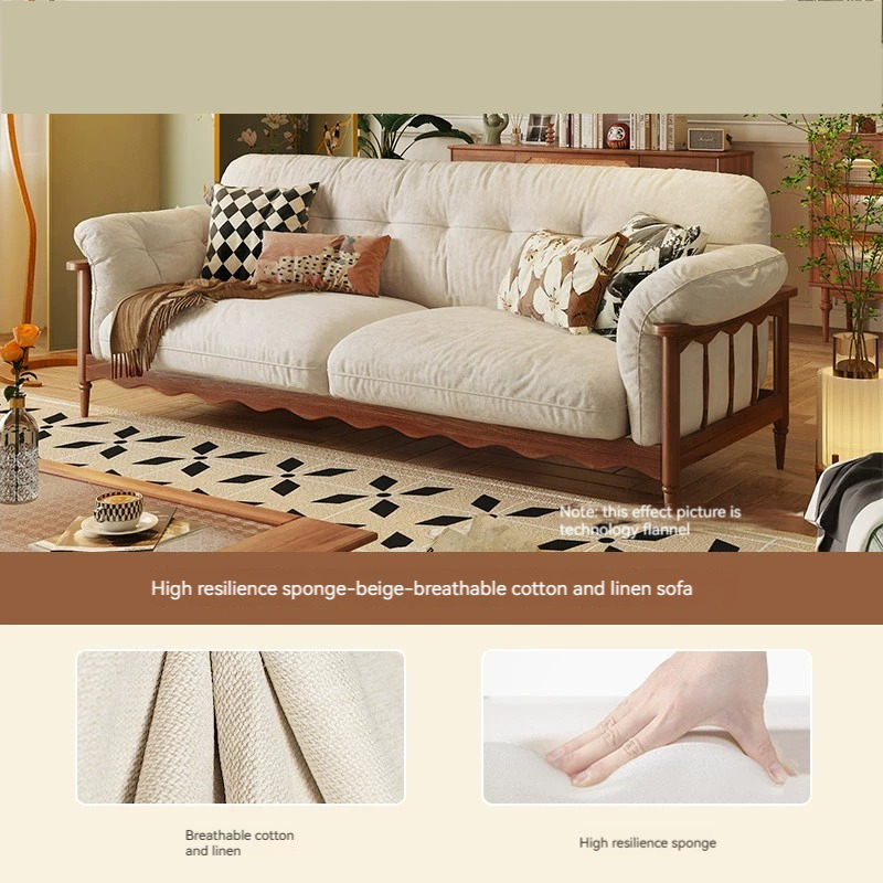 [Pre-order]  French solid wood sofa, vintage fabric cloud, three-seater small house, American log antique cream inline sofa-Smart-Living
