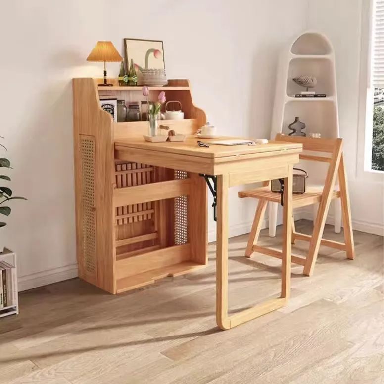 [Pre-order]  Solid wood folding dining table, household small unit telescopic dining table, invisible storage, sideboard cabinet, modern simple and deformed table-Smart-Living