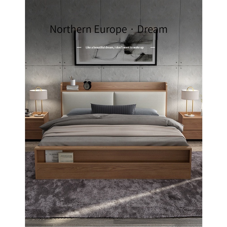 [Pre-order]  New Nordic Chinese style jujube wood color 1.5/1.8m doublebed with soft backrest and drawers for large storage-Smart-Living