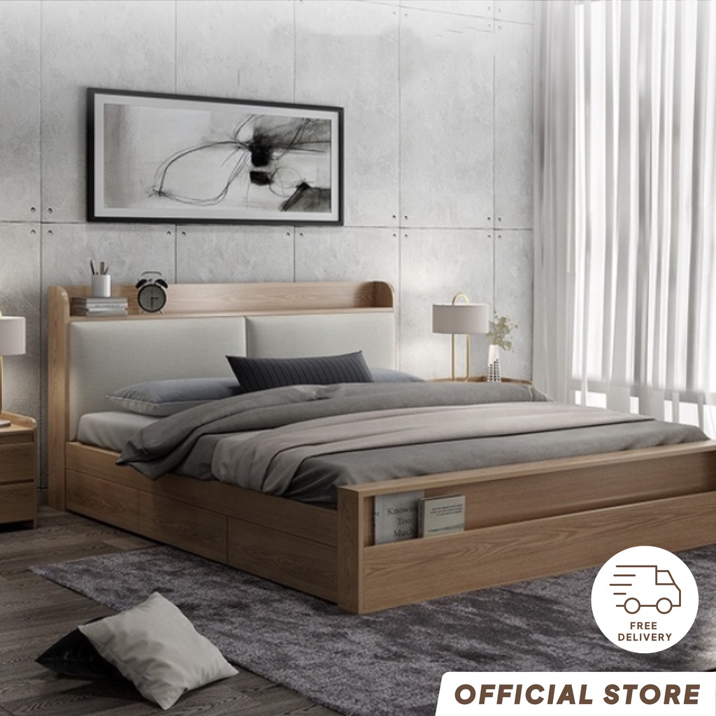 [Pre-order]  New Nordic Chinese style jujube wood color 1.5/1.8m doublebed with soft backrest and drawers for large storage-Smart-Living