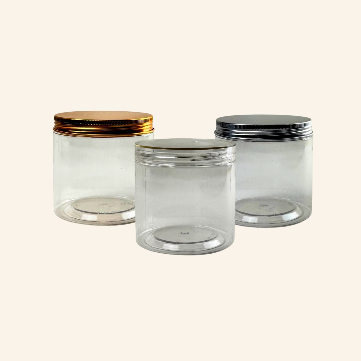Group of three 10x10cm clear PET plastic jars with aluminium gold, silver, and transparent lids, suitable for packaging standard Kuih Raya.