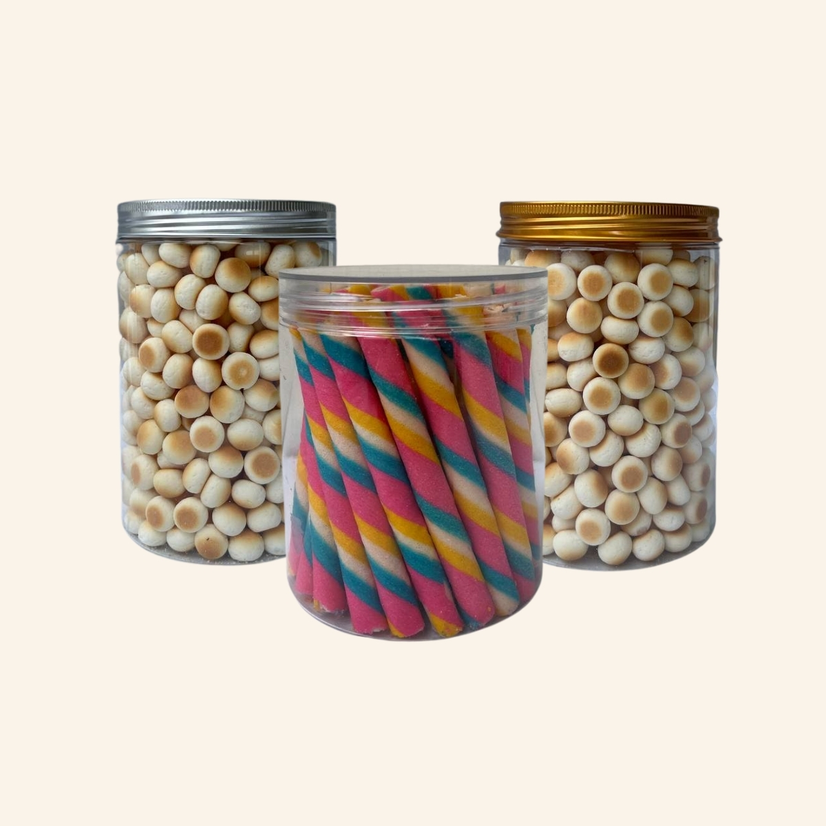 10x15cm high-clarity PET jars filled with colorful wafer rolls and round butter cookies, demonstrating premium visibility for festive treats.