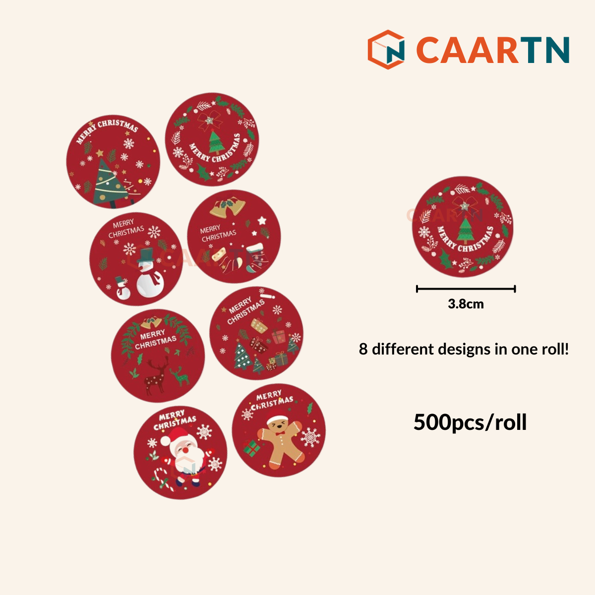 Christmas Sticker Design B (Red) - 500pcs/roll