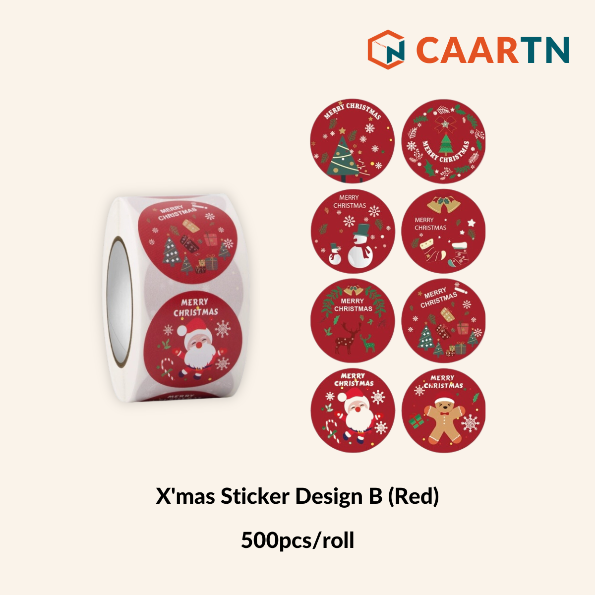 Christmas Sticker Design B (Red) - 500pcs/roll