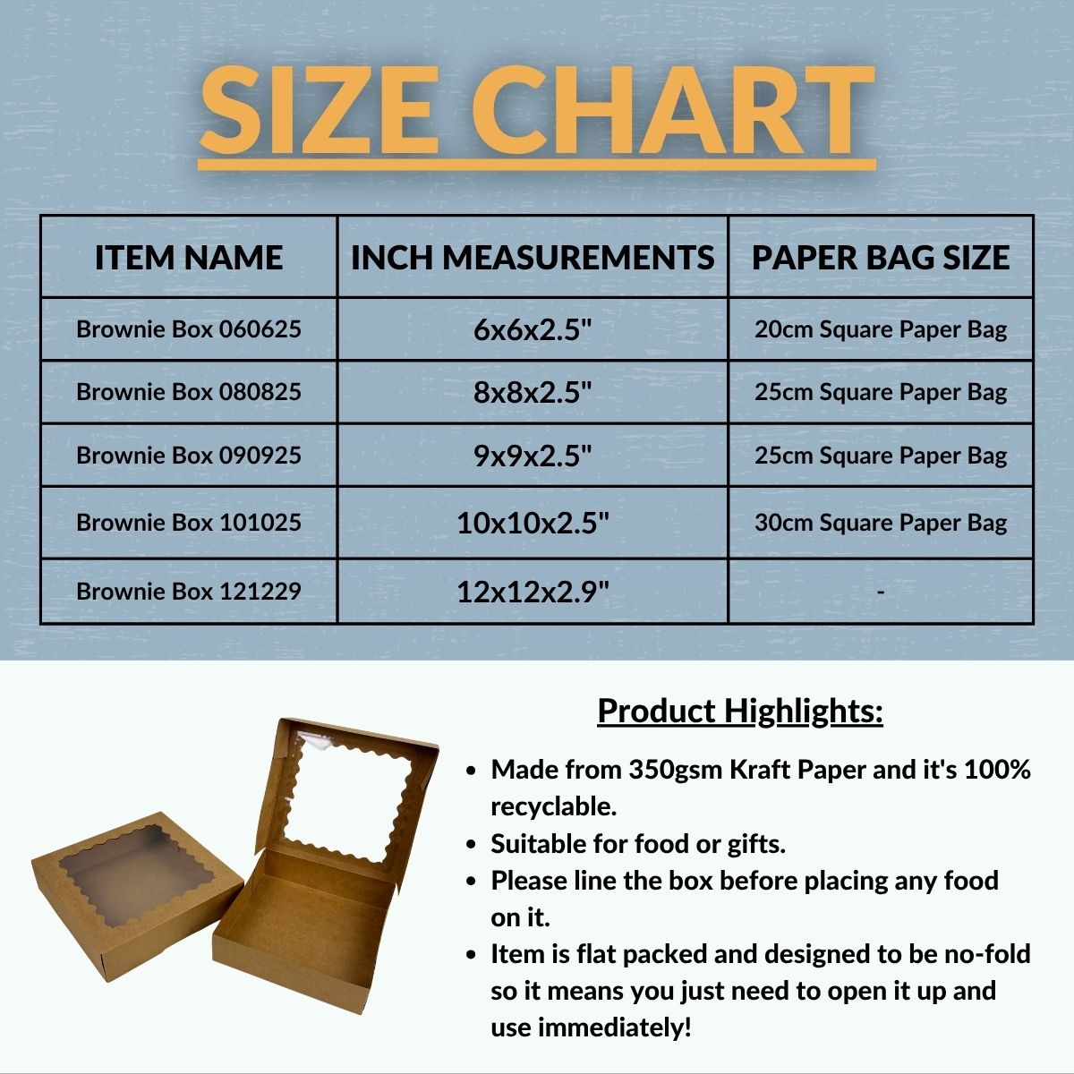 Window Brownie Box Size Chart