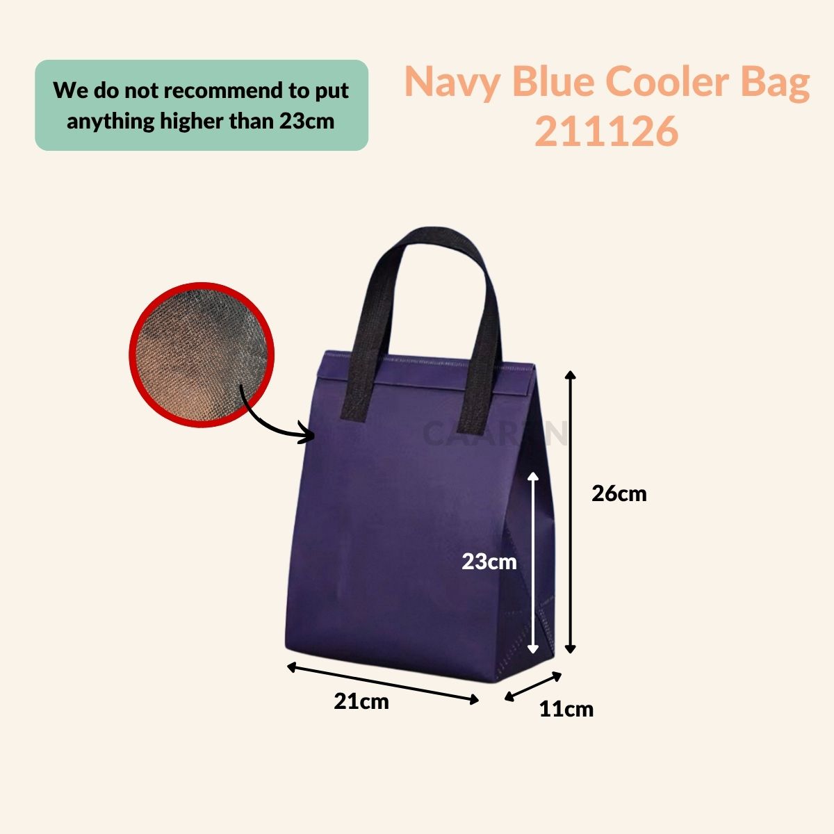 Dimensions for Navy Blue Aluminium Thermal Cooler Bag 21x11x26cm