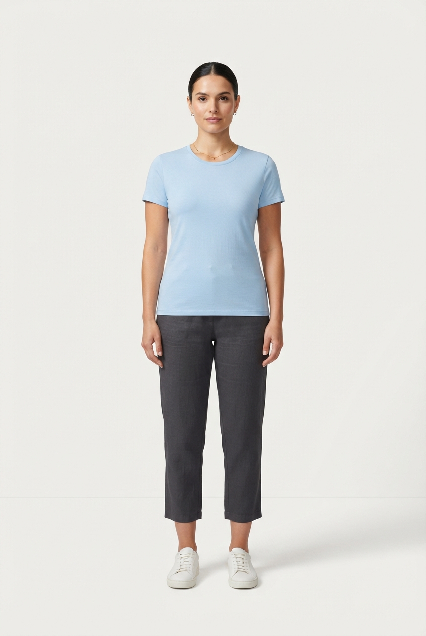 Classic lightblue women's outdoor cotton T-shirt on model