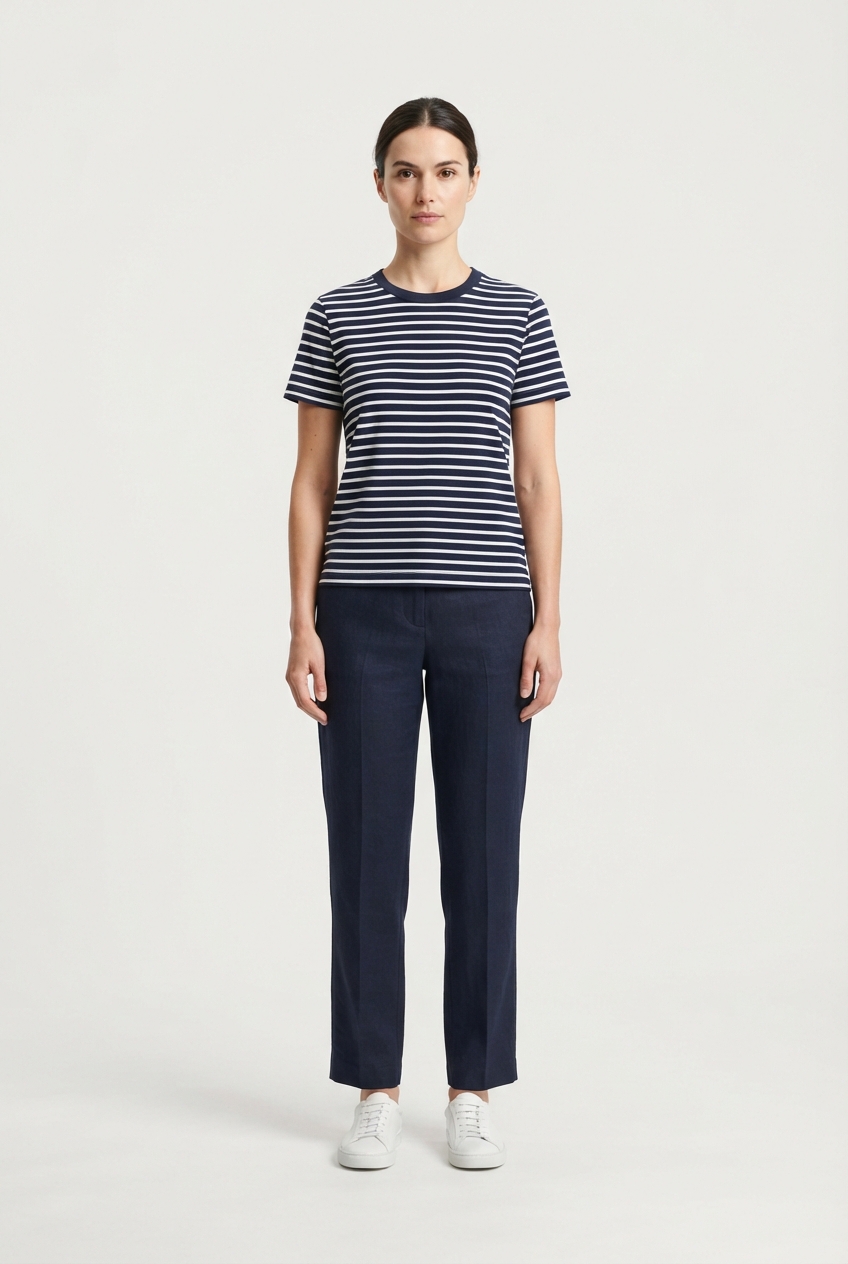 Classic navy striped women's cotton blend T-shirt on model
