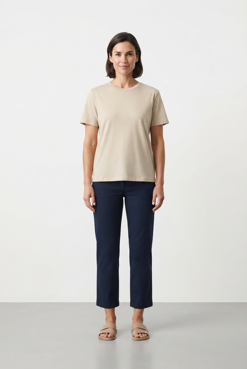Classic beige V-neck cotton viscose women's T-shirt on model