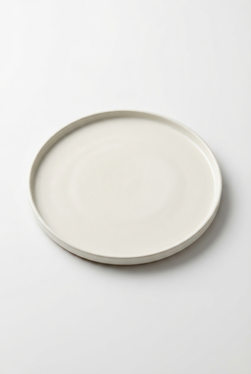 Vintage antiquewhite ceramic dinner plate on a seamless off-white studio background.