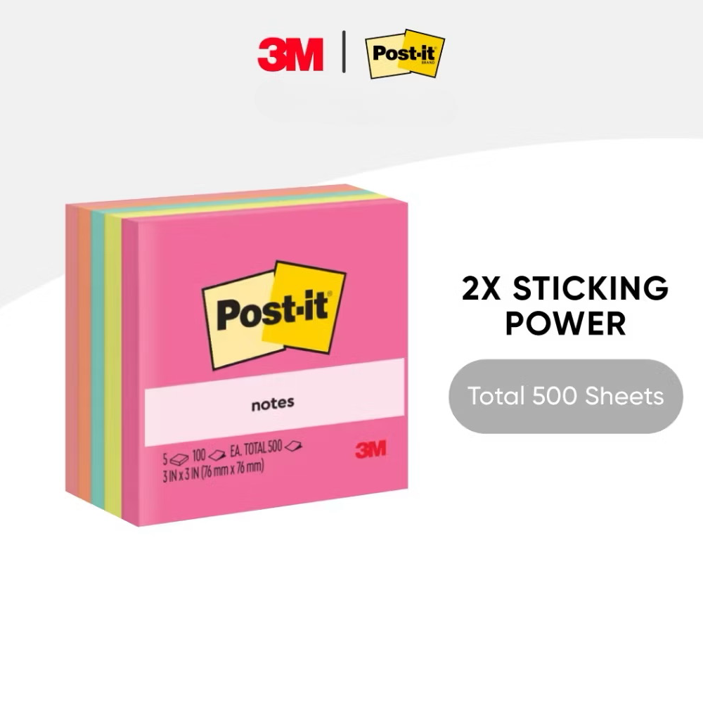 3M Post-it Notes Cube 654-5AN, Poptimistic, 3" x 3", 5 Assorted Neon Colours, 500'S/PACK