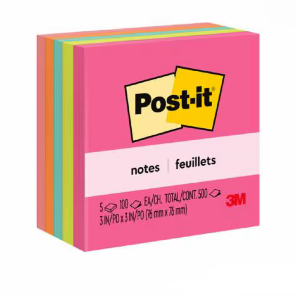 3M Post-it Notes Cube 654-5AN, Poptimistic, 3" x 3", 5 Assorted Neon Colours, 500'S/PACK
