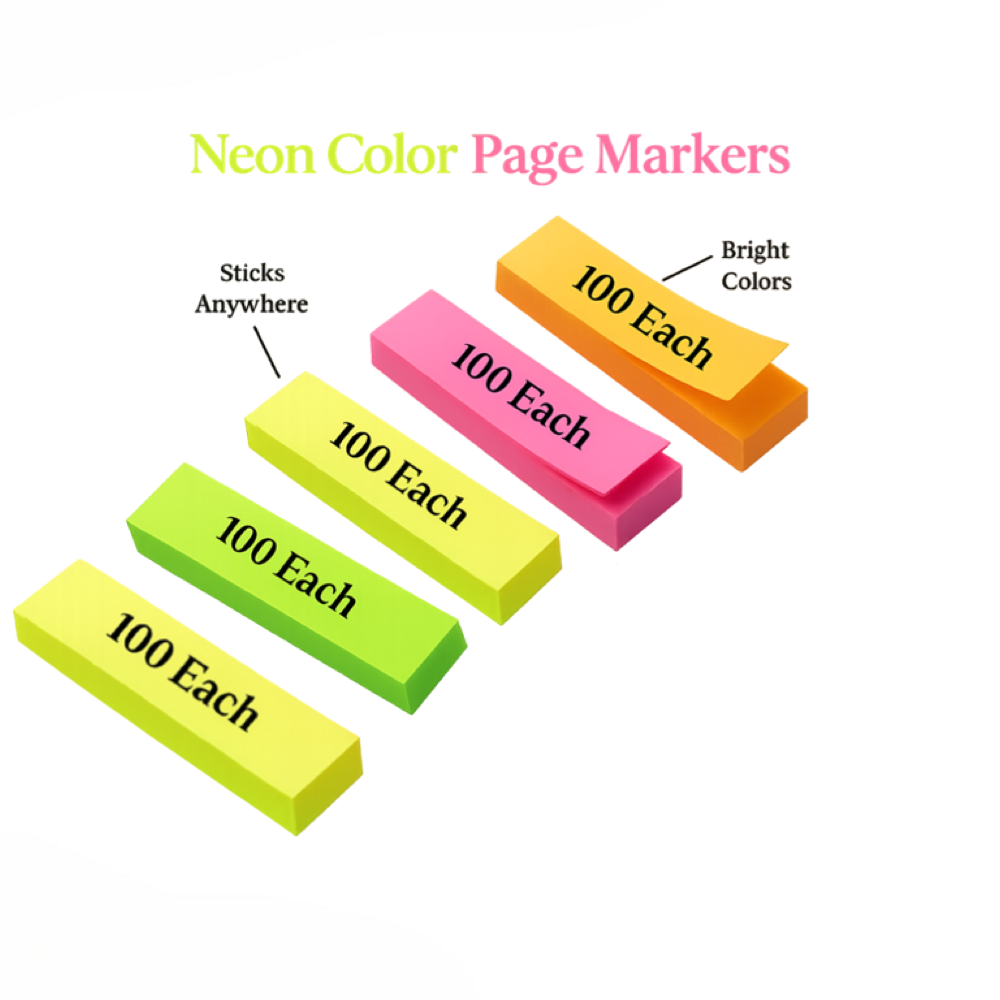 Neon Colour Page Marker, 14mm x 50mm, 5 Sticks Assorted Neon Colours, 500'S/PACK