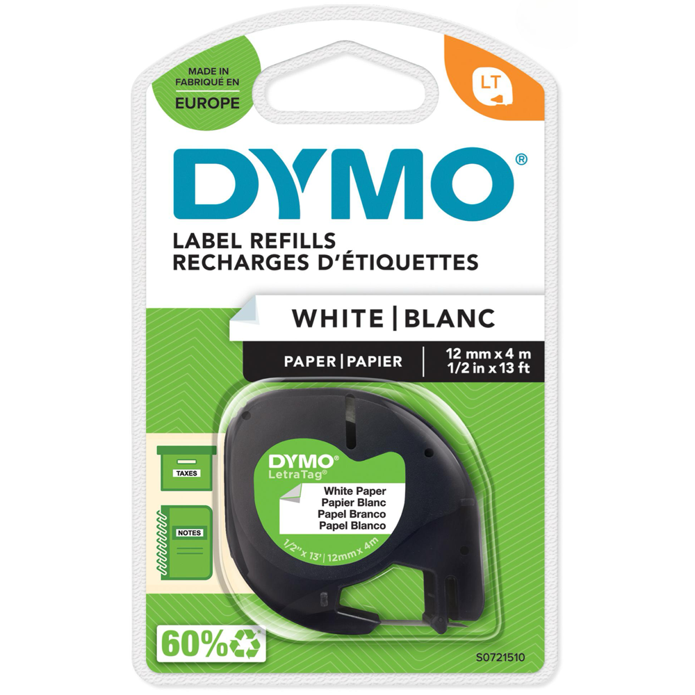 DYMO 12mm x 4m LetraTag Tape - Paper White
