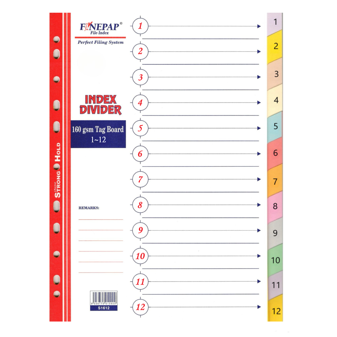 Finepap S1612 A4 Index Divider Numbering 1-12 (1SET/PKT)