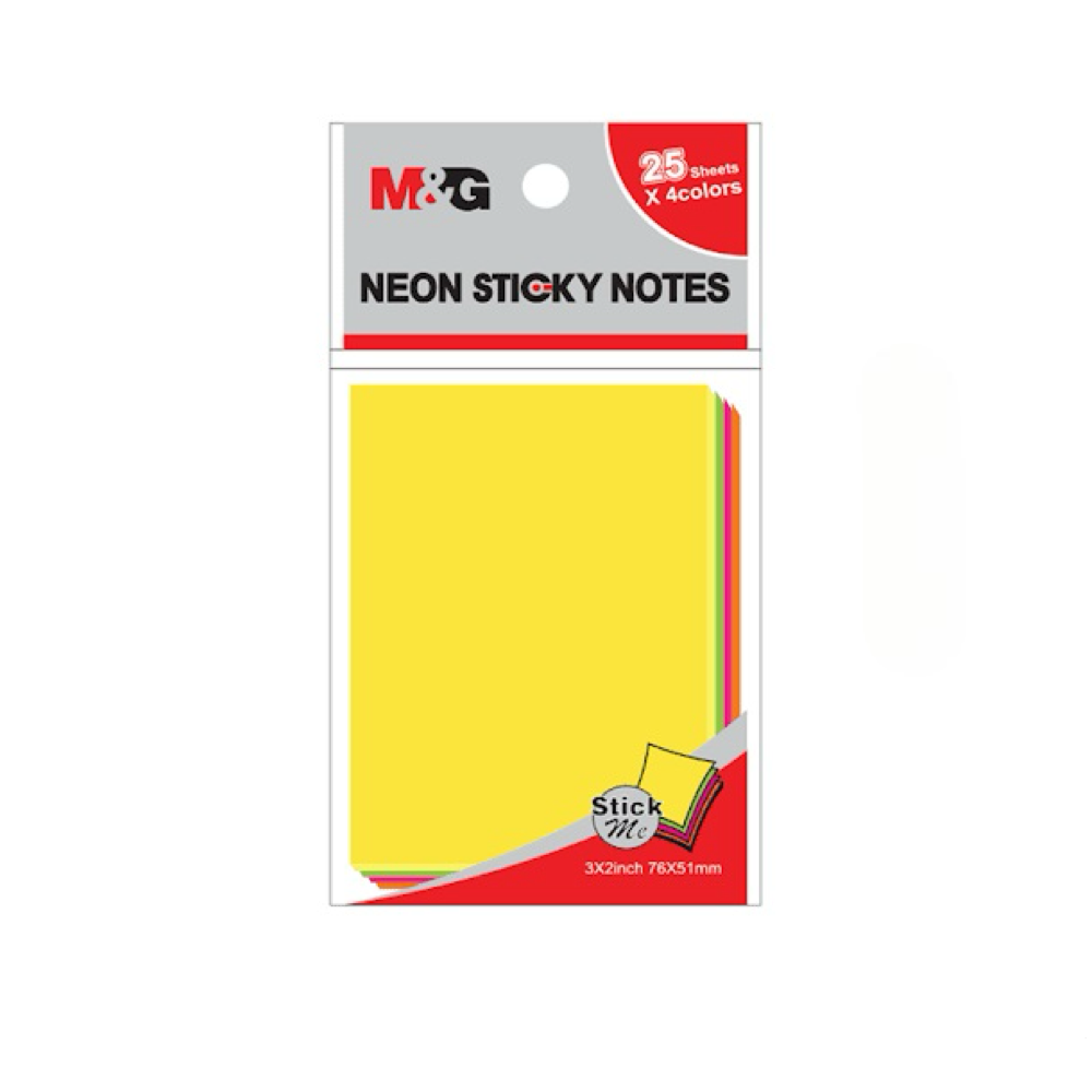 M&G Neon Sticky Notes YS-182, 2" x 3", 4 Assorted Neon Colours, 100'S/PACK