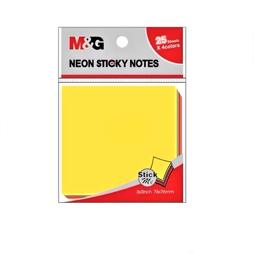 M&G Neon Sticky Notes YS-183, 3" x 3", 4 Assorted Neon Colours, 100'S/PACK