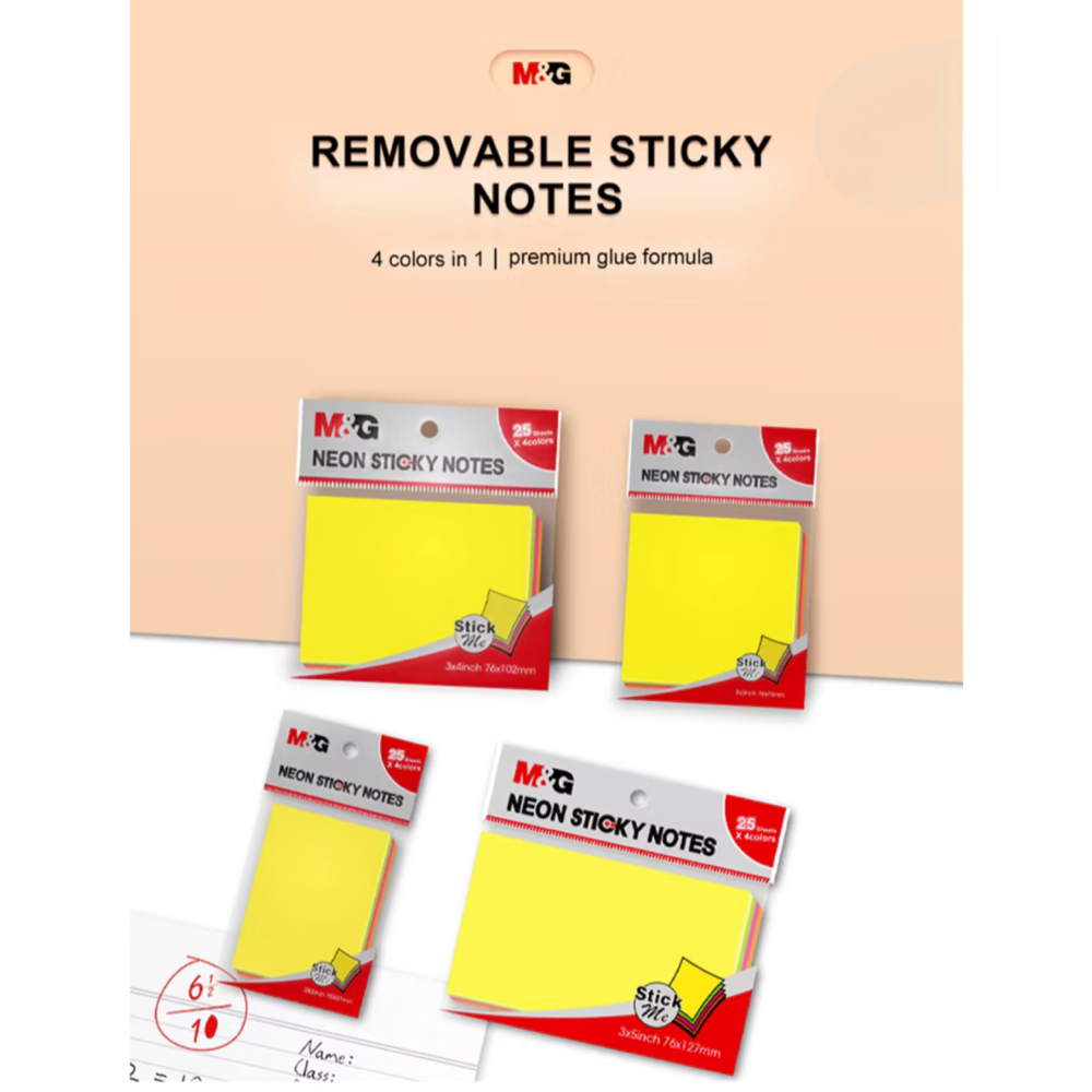 M&G Neon Sticky Notes YS-182, 2" x 3", 4 Assorted Neon Colours, 100'S/PACK