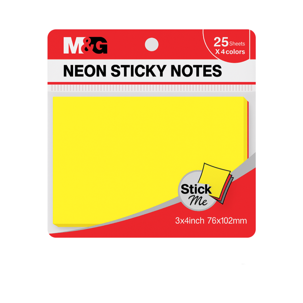 M&G Neon Sticky Notes YS-184, 3" x 4", 4 Assorted Neon Colours, 100'S/PACK