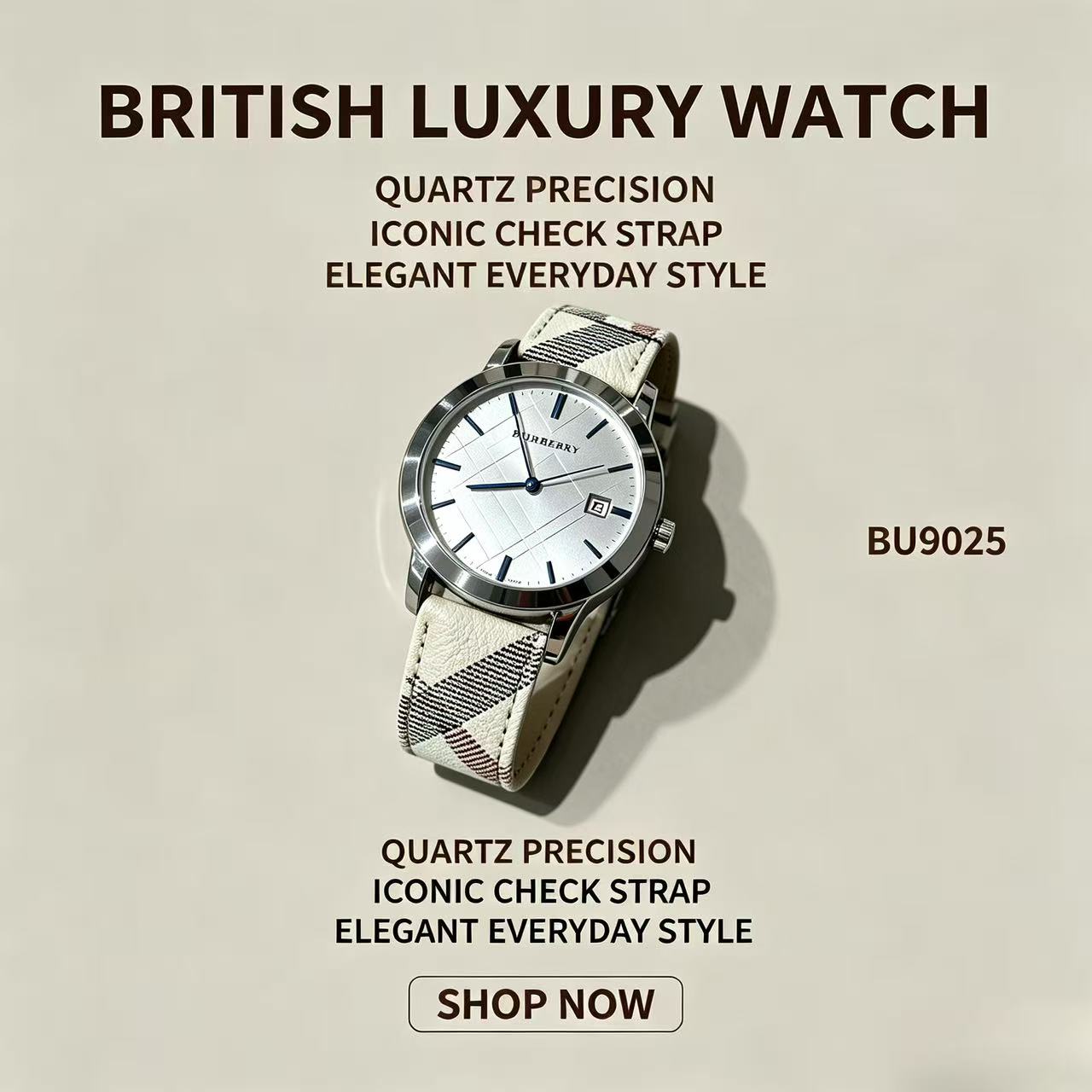 Burberry BU9025 Swiss Quartz Watch, Classic Check Leather Strap Unisex Wrist Watch