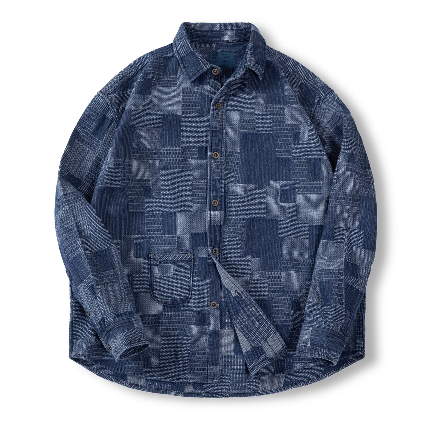 boro藍染拼接丹寧襯衫百家布牛仔長袖襯衣男春-Retro's Wear