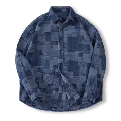 boro藍染拼接丹寧襯衫百家布牛仔長袖襯衣男春-Retro's Wear