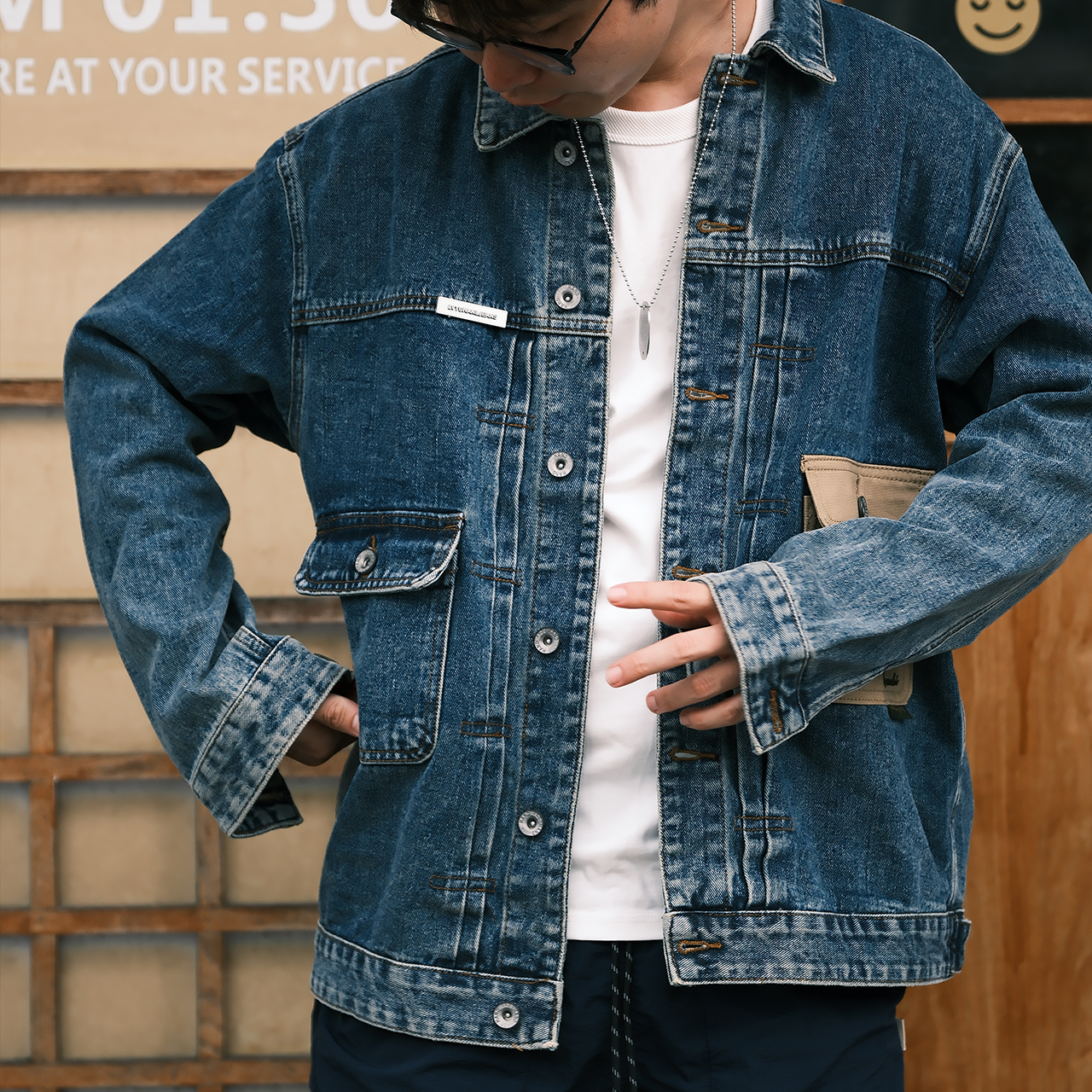 美式復古水洗牛仔夾克撞色口袋春秋外套-Retro's Wear