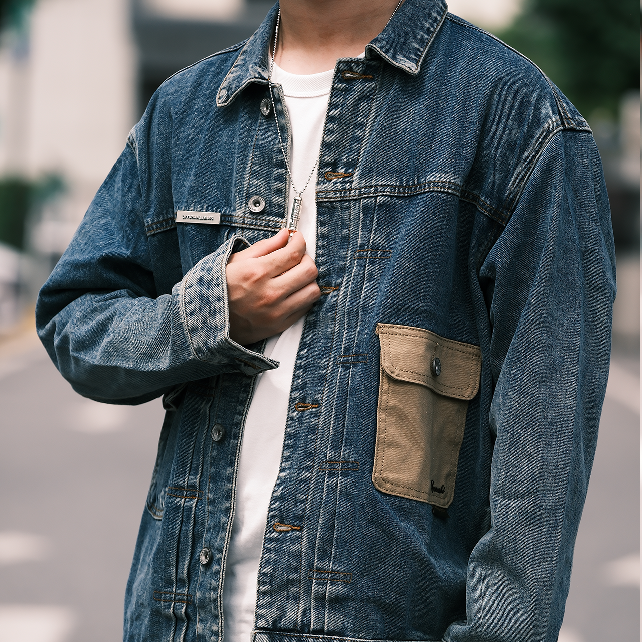 美式復古水洗牛仔夾克撞色口袋春秋外套-Retro's Wear