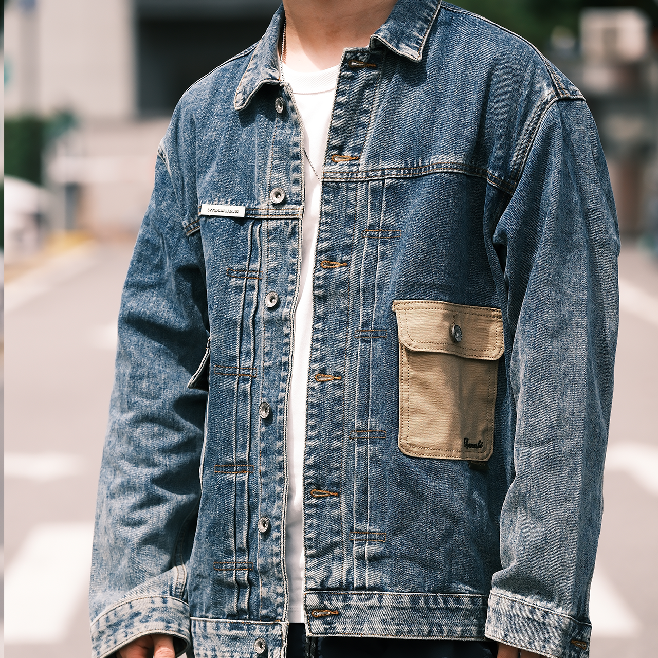 美式復古水洗牛仔夾克撞色口袋春秋外套-Retro's Wear
