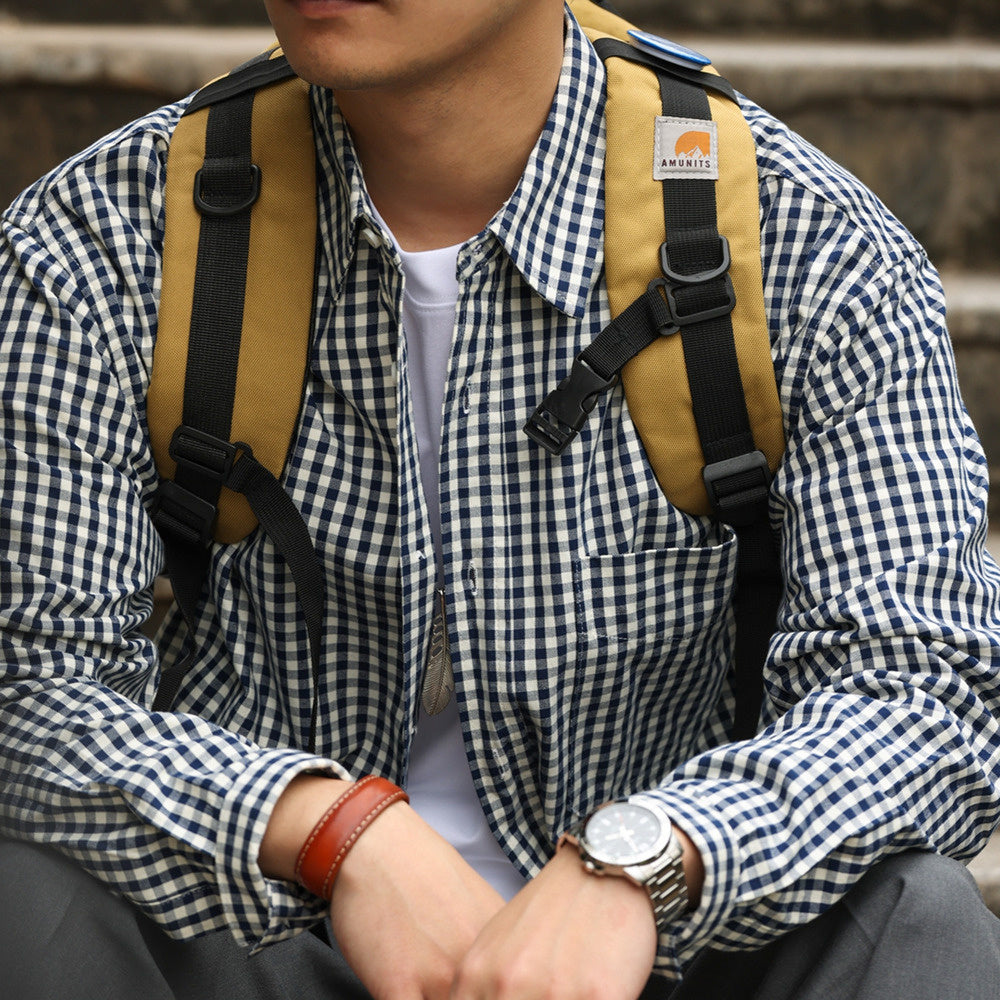 美式休閒175g薄款格子襯衫男寬鬆牛津紡復古長袖疊穿襯衣