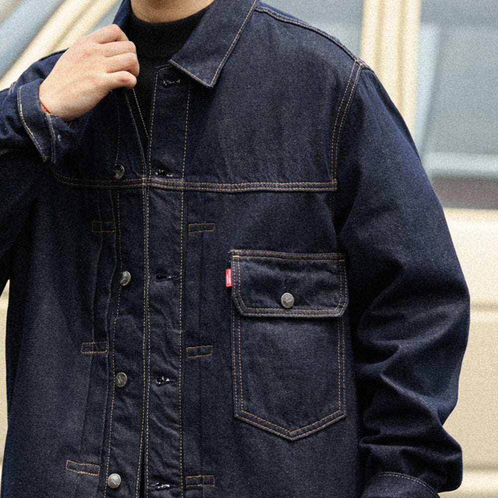 日系復古風暴騎士牛仔夾克男深藍色阿美哢嘰翻領輯明線外套-Retro's Wear