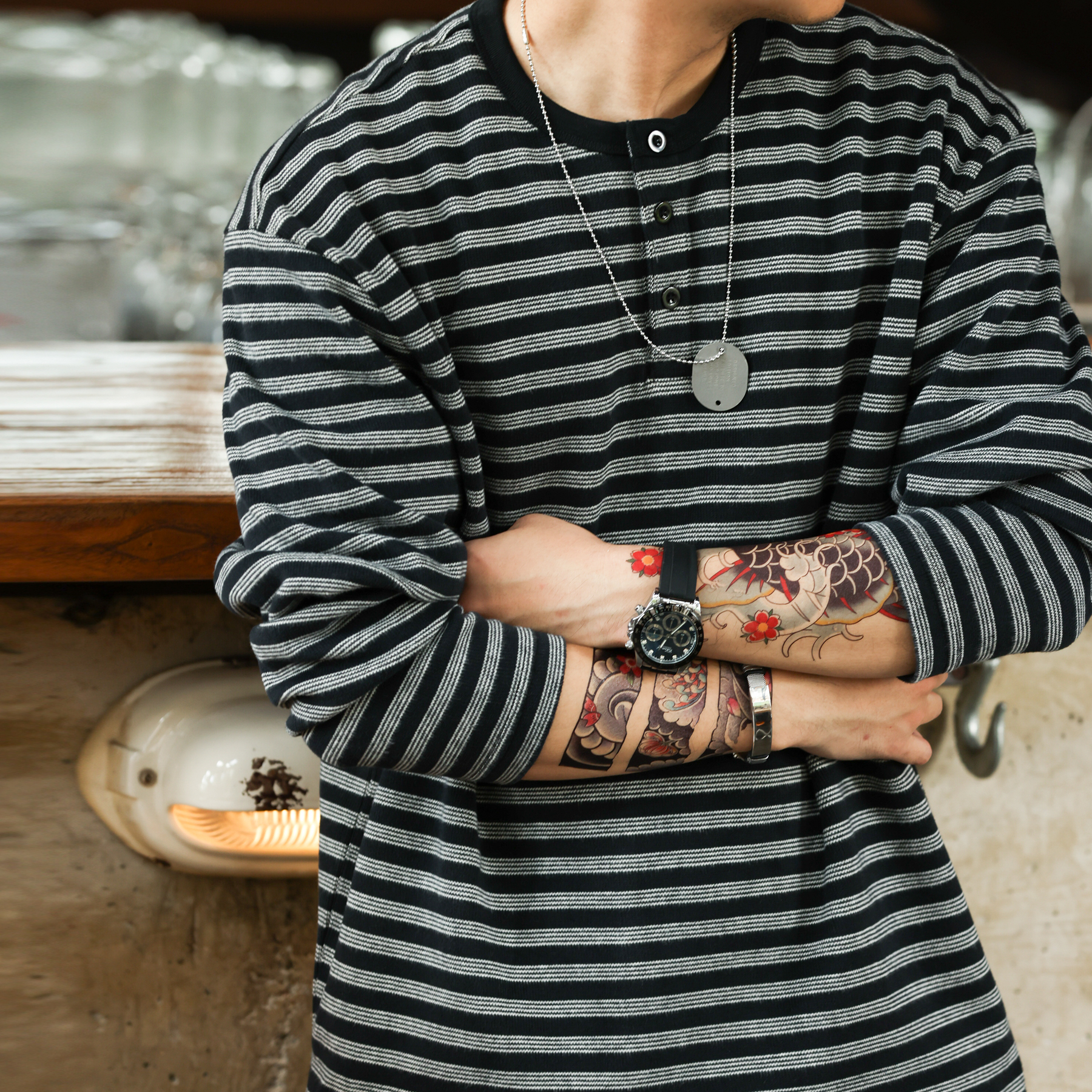 美式休閒360g重磅條紋POLO衫男寬鬆復古亨利領長袖T恤秋