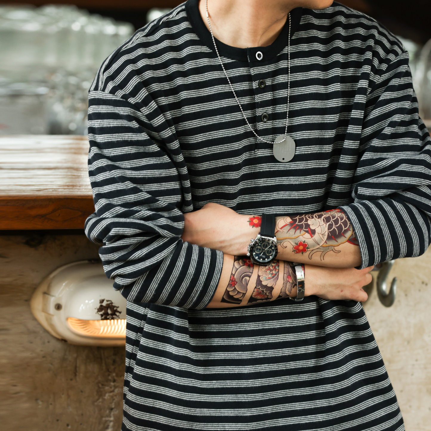 美式休閒360g重磅條紋POLO衫男寬鬆復古亨利領長袖T恤秋