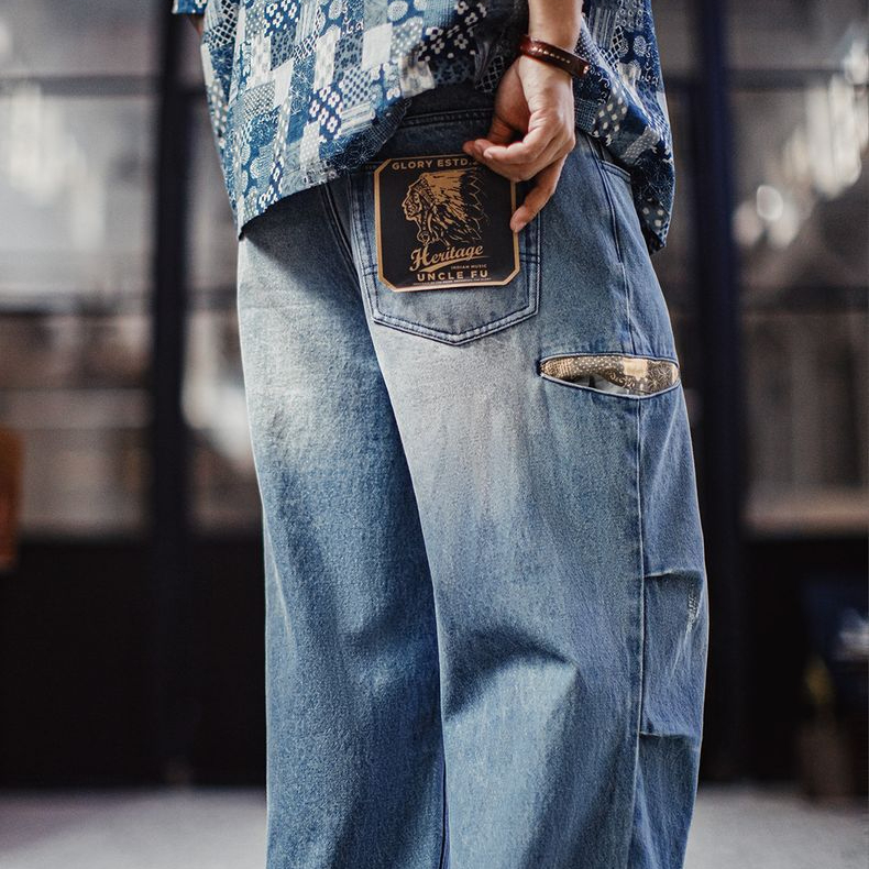 美式復古寬腿松量傘兵牛仔褲古布水洗破洞薄款休閒褲男春