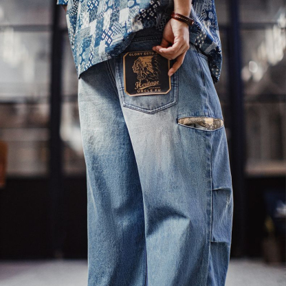 美式復古寬腿松量傘兵牛仔褲古布水洗破洞薄款休閒褲男春