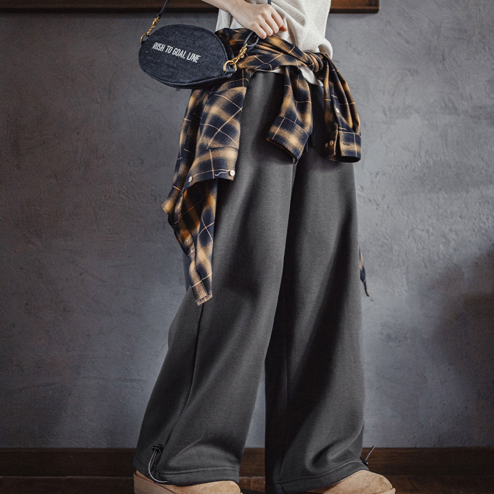 針織直筒闊腿加厚絨褲子休閒抽繩束脚保暖衛長褲女士秋冬